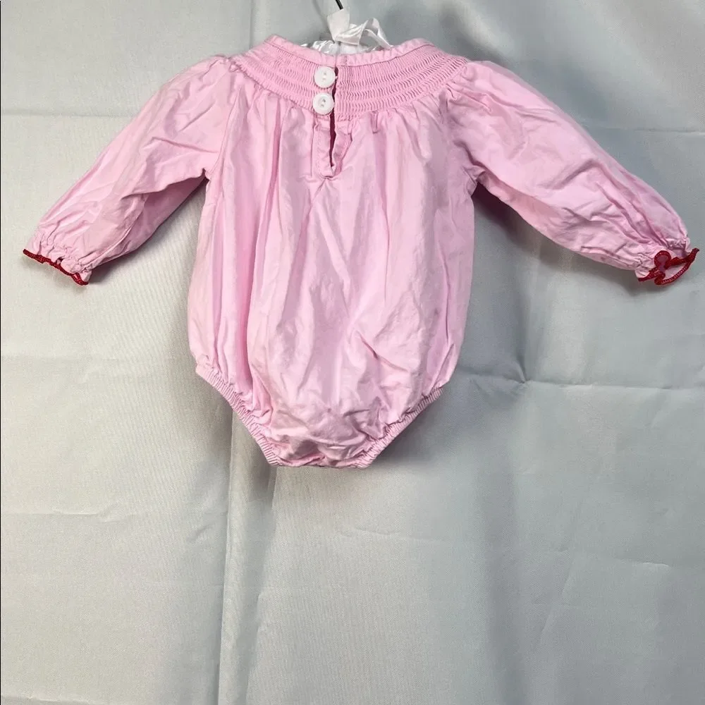Boutique pink smocked bubble romper with hearts and bows embroidery size 3 month